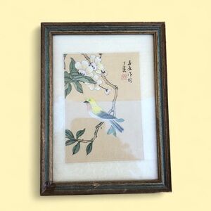 VTG Chinese Silk Watercolor Painting Asian Antique Bird Flowers Art Frame Signed